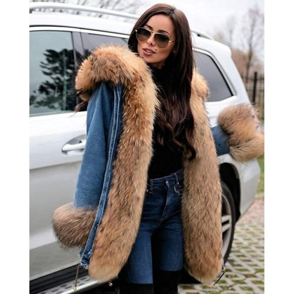 🆕 Hooded Fur Lined Warm Coat Jean Parka Outwear Winter Long Trench Jacket NWT - Picture 6 of 9
